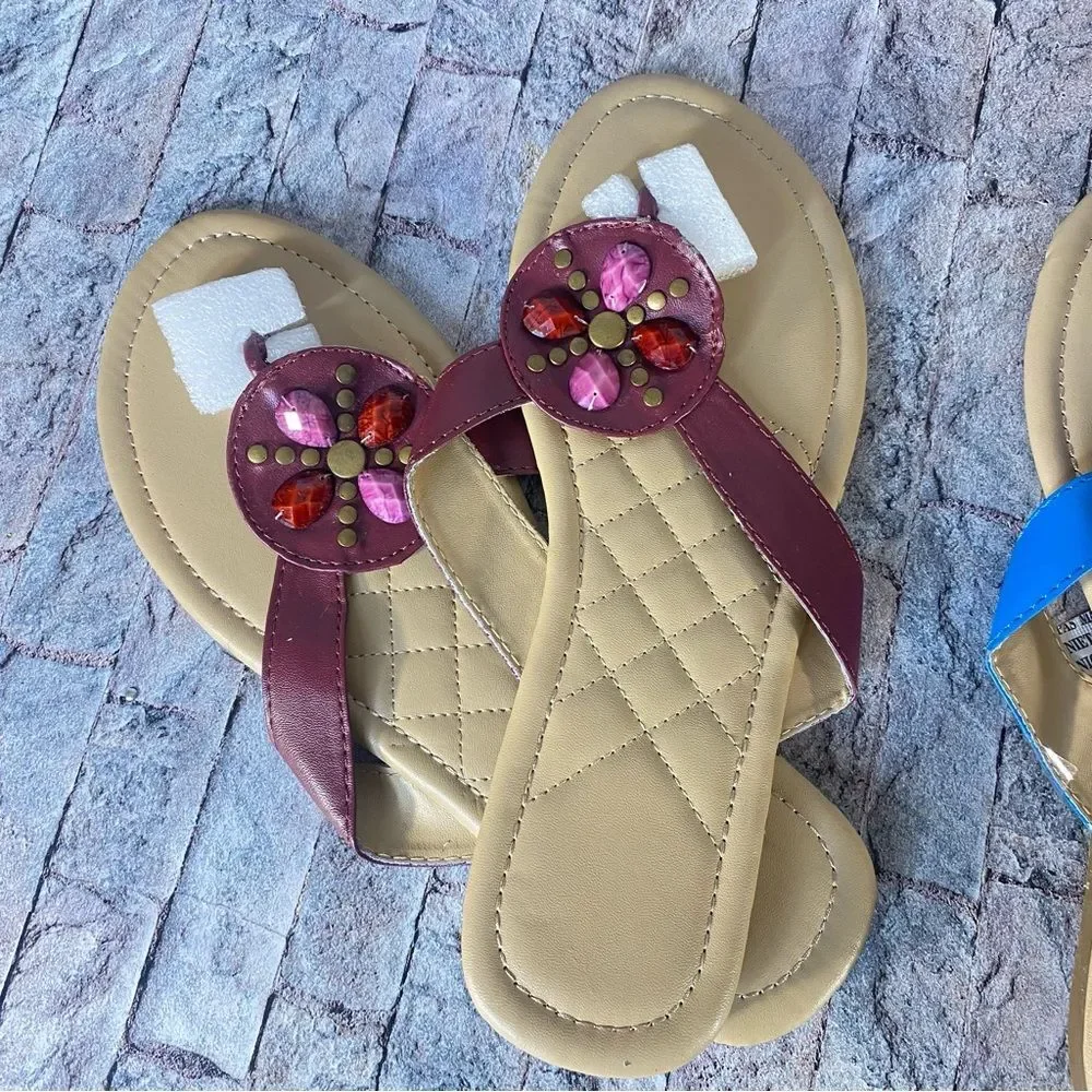 Flip Flops Two Pair Summer Sandals Beaded Colorful Beach Cruise Size M 7 - 8